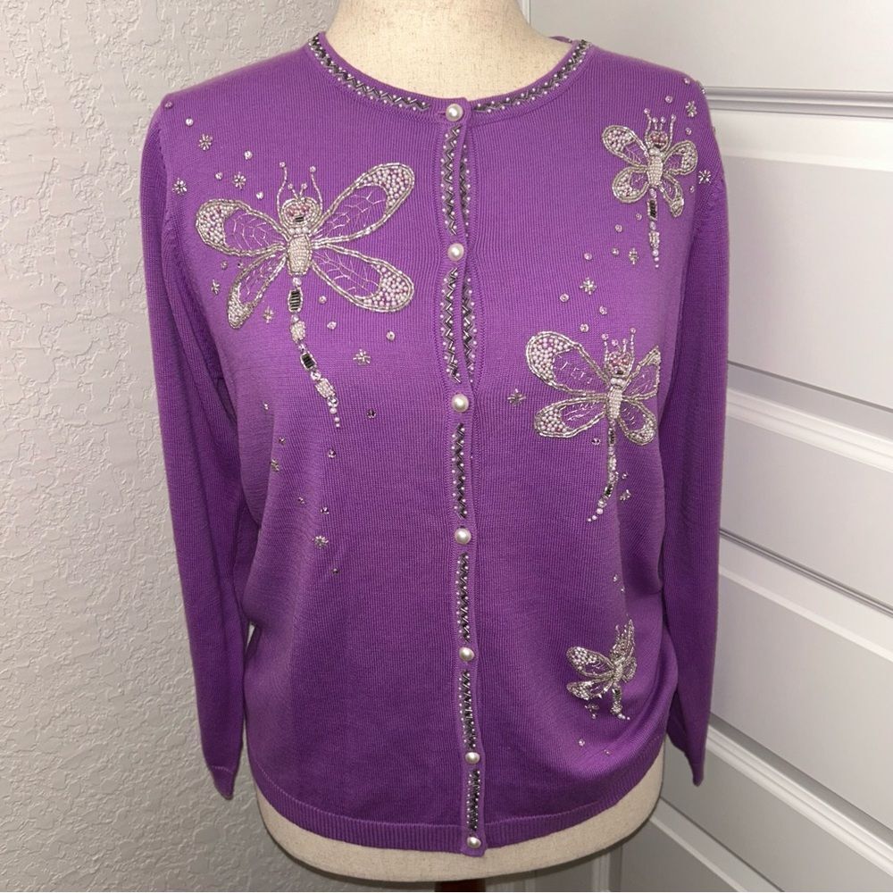 Bob Mackie Wearable Art Embellished Dragon Fly Button Front Cardigan Sweater Top